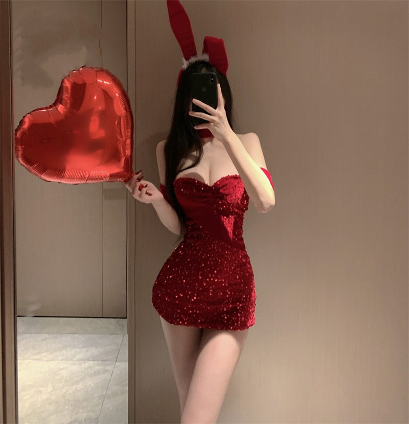 C9343 Christmas Tube Top Red Bow Sequined Bunny Girl Dress