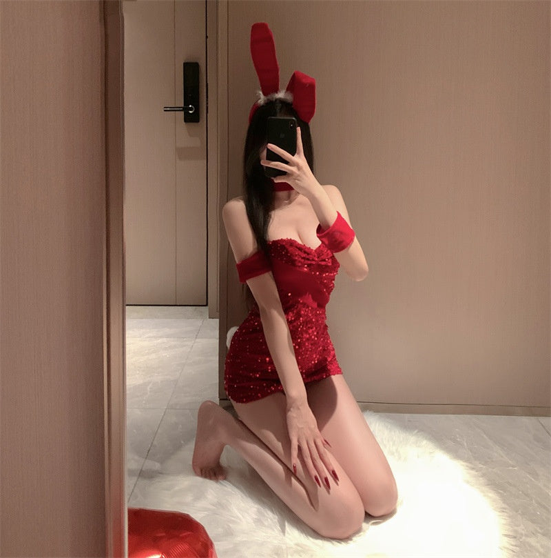 C9343 Christmas Tube Top Red Bow Sequined Bunny Girl Dress