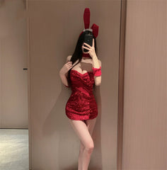 C9343 Christmas Tube Top Red Bow Sequined Bunny Girl Dress