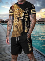 Casual Black and Gold Lion Print Collar Suit