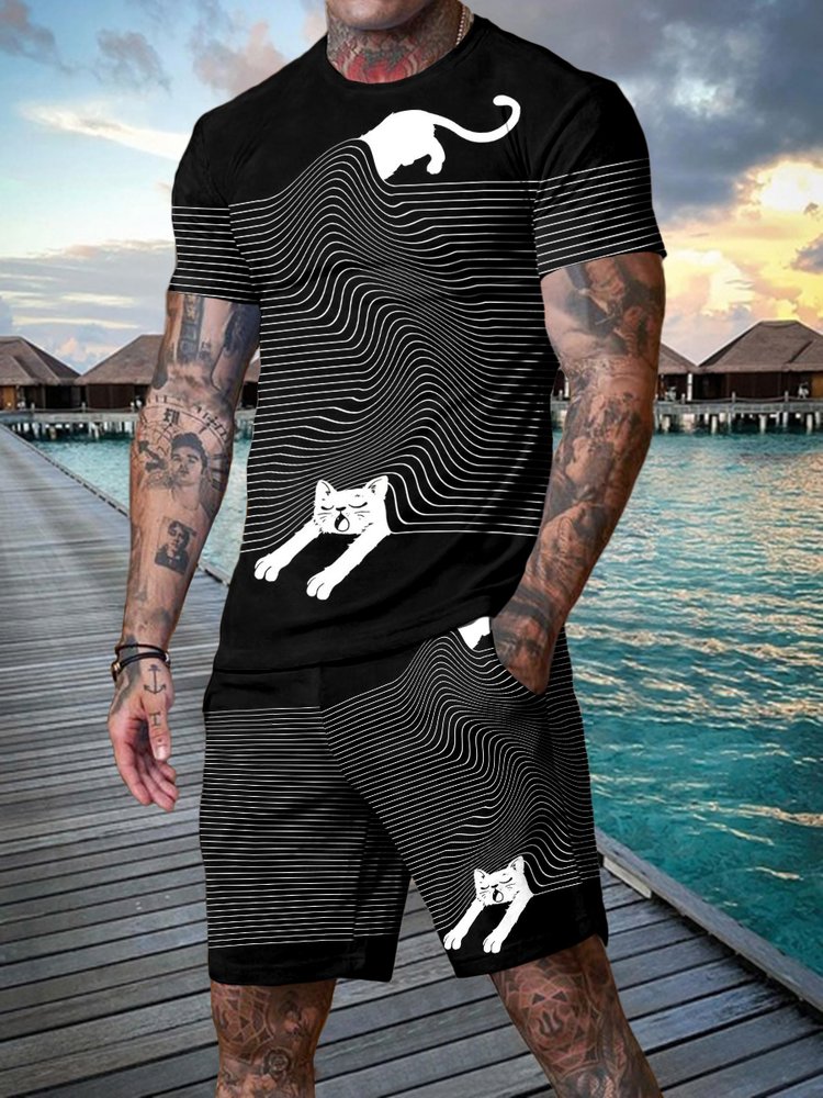 Casual Black and Gold Lion Print Collar Suit