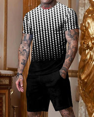 Fashion Black and White Printed Short Sleeve Round Collar Suit