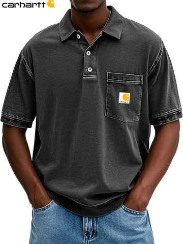 Men's Fashion Retro Distressed Lapel Pocket Short-sleeved Polo Shirt