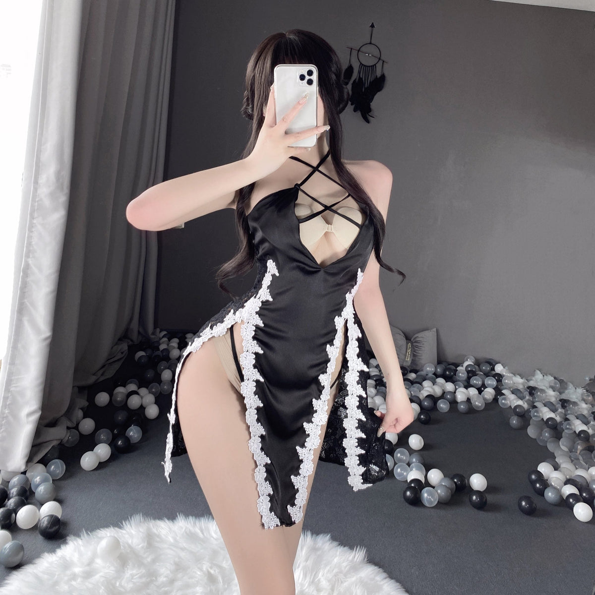 N2509 Deep V Embroidered Slip Nightdress