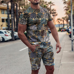 Grey Geometric Printed Round Collar Short Sleeve Suit