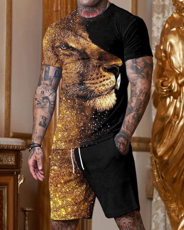 Fashion Black and Gold Lion Print Short Sleeve Round Collar Suit
