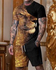 Fashion Black and Gold Lion Print Short Sleeve Round Collar Suit